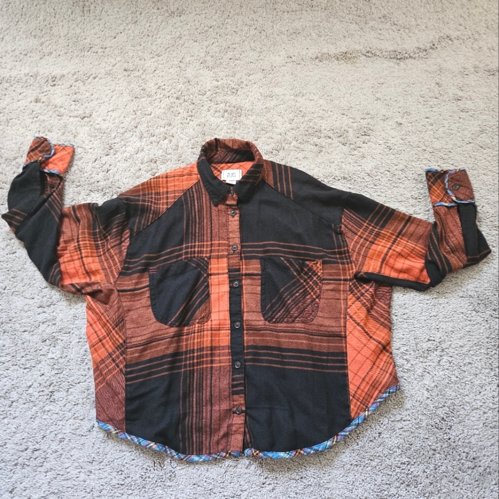 Plaid Button-Up Shirt in Black and Orange